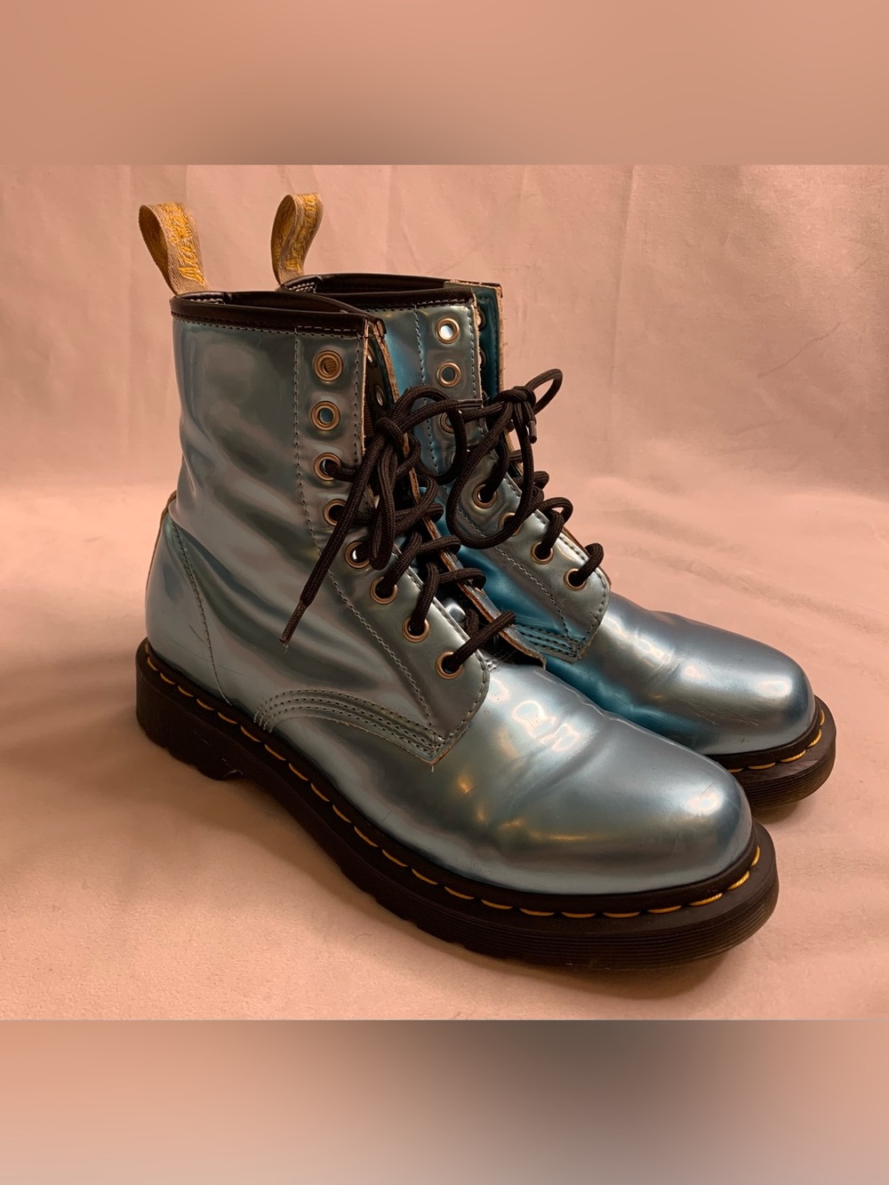 Dr Martens 25279 Blue Metallic Faux Patent Leather 8 Eye Combat Boots vegan sz 9